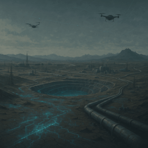 Dystopian Mining Landscape with Data Overlays