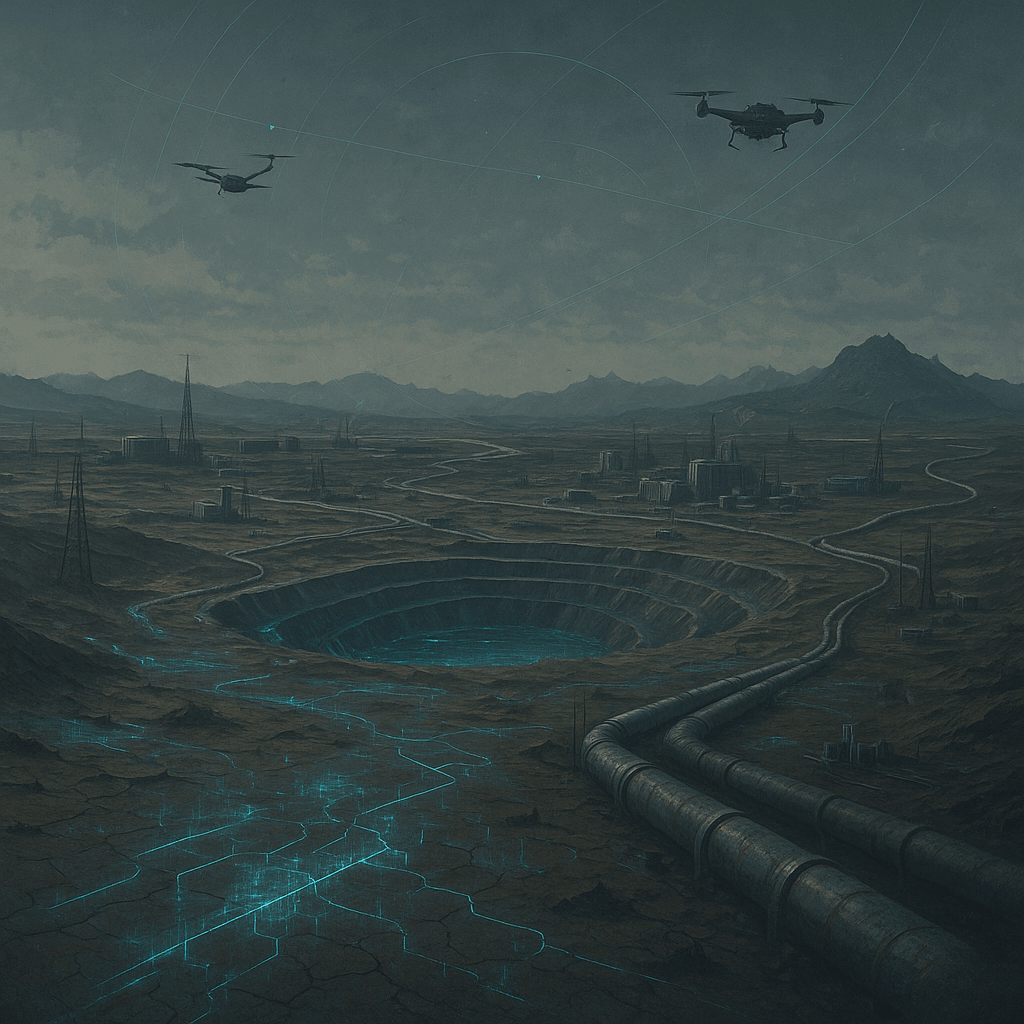 Dystopian Mining Landscape with Data Overlays