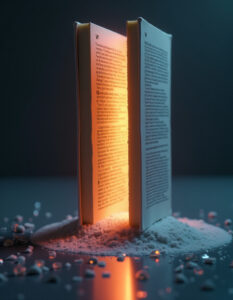 A giant ancient library dissolving into a single glowing sentence floating in the air, surreal and symbolic, soft lighting, minimal background