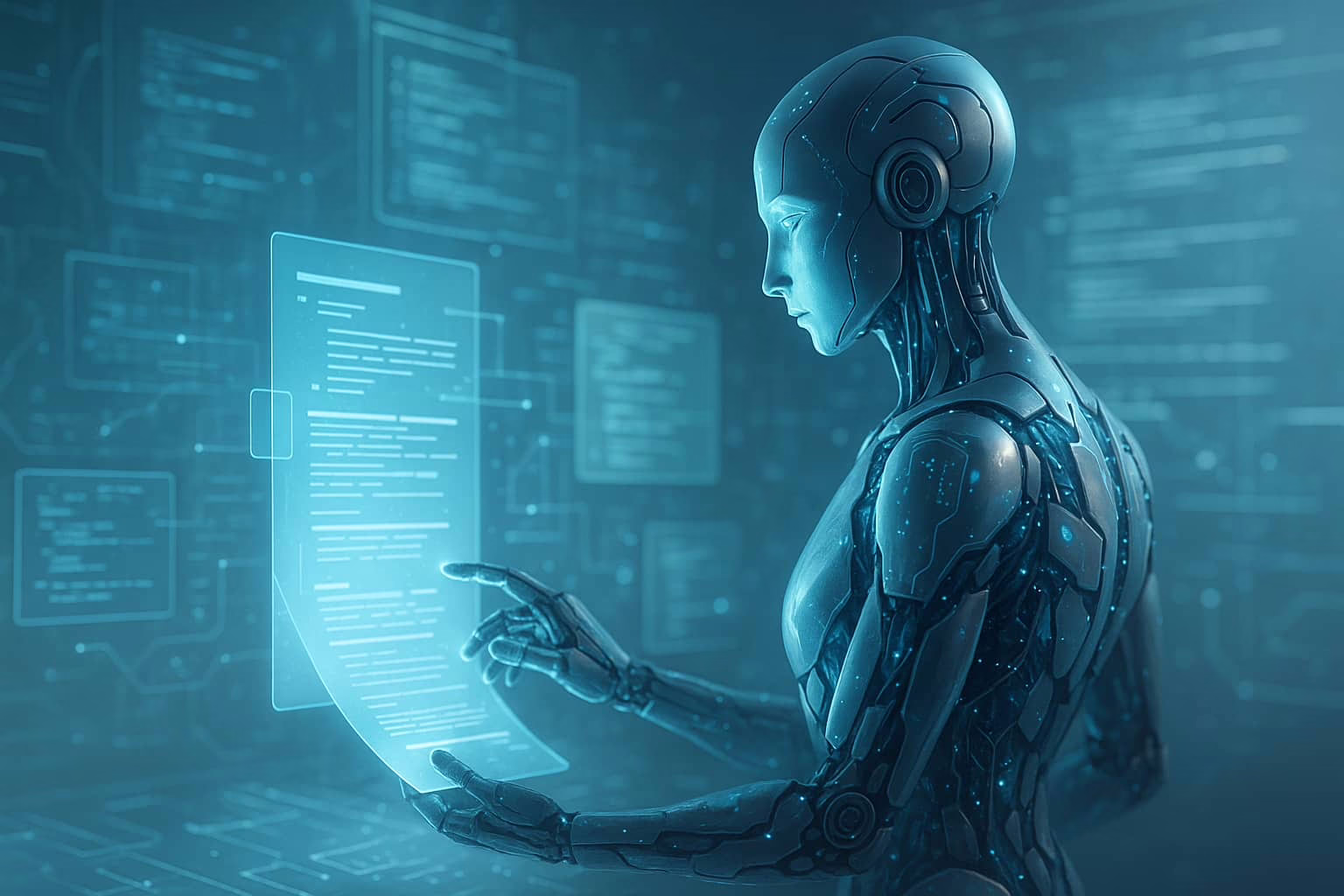 Futuristic AI Interacting with Holograms