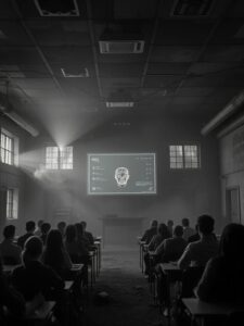 A classroom without a teacher — just a glowing AI interface at the front with a vague face, with students listening, not asking questions.